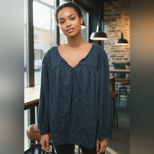 Old Navy Tall Large Teal Blue Top Embroidered V Neck Ties Puff Long Sleeves